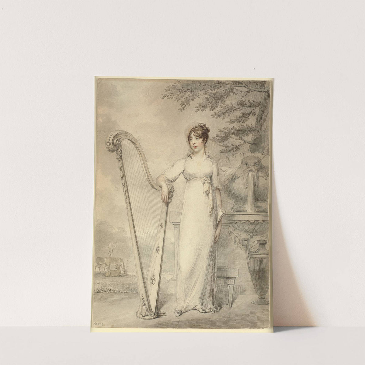 Full-length portrait of 'Miss V. Dupuis' resting her arm on a harp. In the background a fountain and a landscape with deer by Henry Edridge