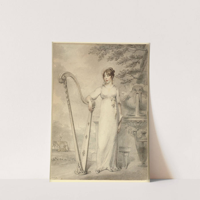 Full-length portrait of 'Miss V. Dupuis' resting her arm on a harp. In the background a fountain and a landscape with deer by Henry Edridge
