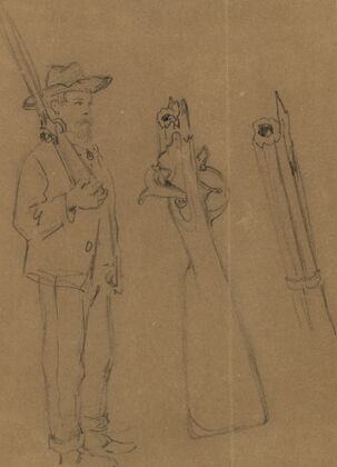 Full-length portrait of soldier with rifle and details of the weapon