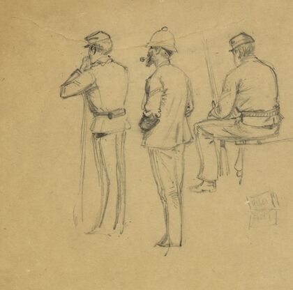 Full-length rear-view sketches of three soldiers