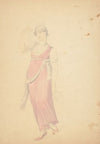 Full-length unfinished drawing of woman wearing a pink dress and shoes and holding plants, as a muse