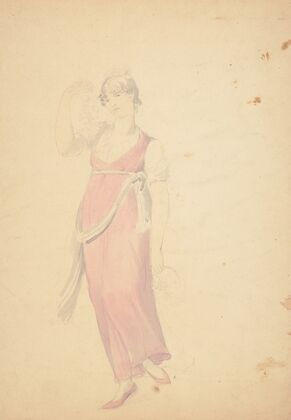 Full-length unfinished drawing of woman wearing a pink dress and shoes and holding plants, as a muse