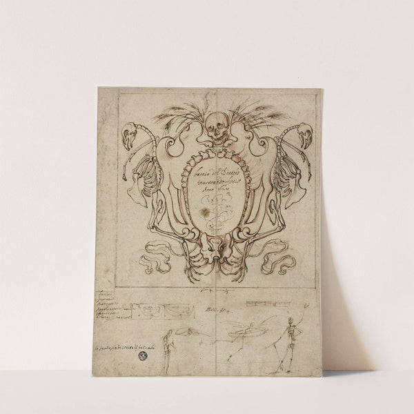 Funereal Cartouche with Inscription and Sketches of Skeletons and Ornamental Details by Baccio del Bianco