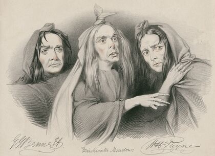 G.J. Bennett, Drinkwater Meadows, W.H. Payne as the three witches in Shakespeare’s Macbeth … ‘A drum! A drum! Macbeth doth come!’ (1838)