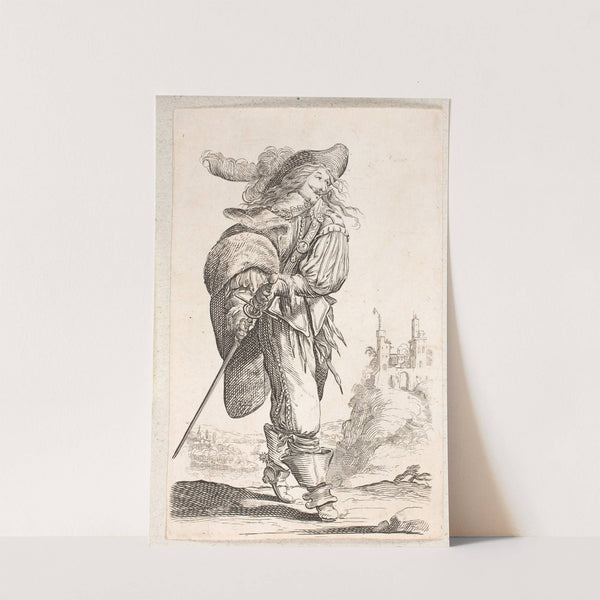 Gående mand, tvekvart profil th, som griber efter kården ved sin hofte I baggrunden en borg by Salomon Savery