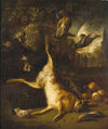 Game with a hare and birds, a park landscape beyond