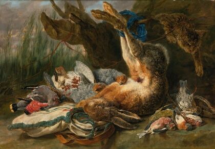 Gamepiece With A Hare And Various Wild Birds, A Cat Approaching From The Right