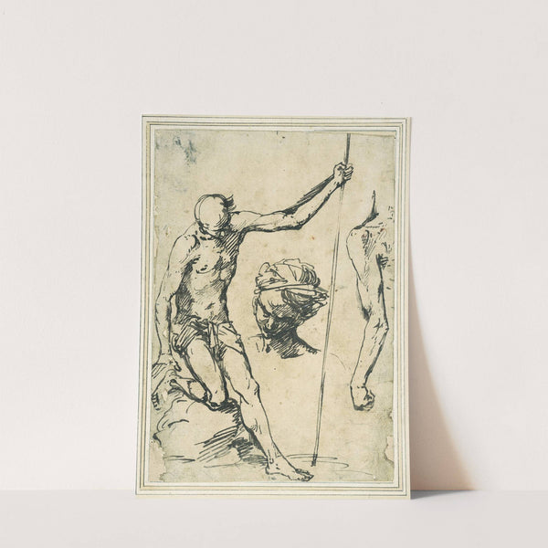 Gammel nøgen mand med stav; studier af mandsarm og mandshoved by Giuseppe Ribera