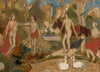 Garden scene with figures and swans
