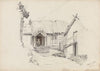 Gårdstun med sittende kone i døråpningen (1843)