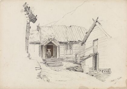 Gårdstun med sittende kone i døråpningen (1843)