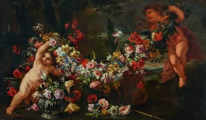 Garlands of flowers with putti in a landscape