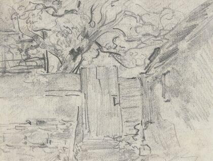 Gartenpförtchen mit Baum dahinter