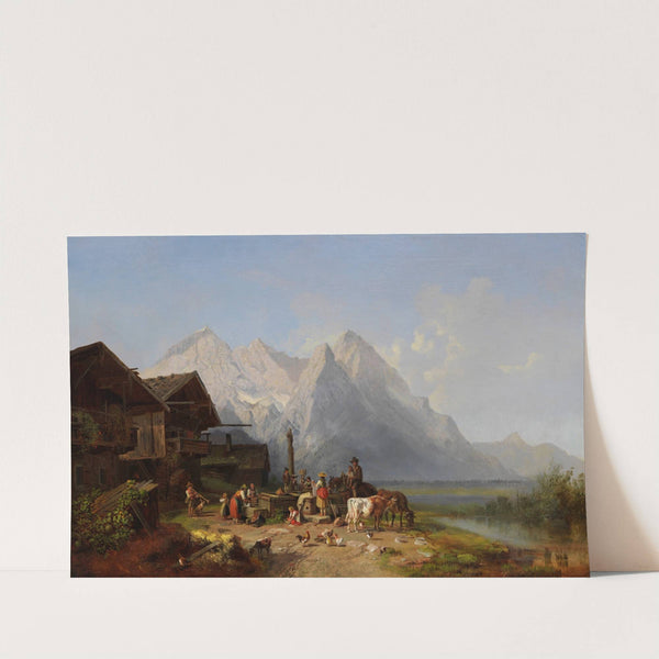 Gebirgsdorf mit Brunnen. Im Hintergrund das Wettersteingebirge by Heinrich Bürkel