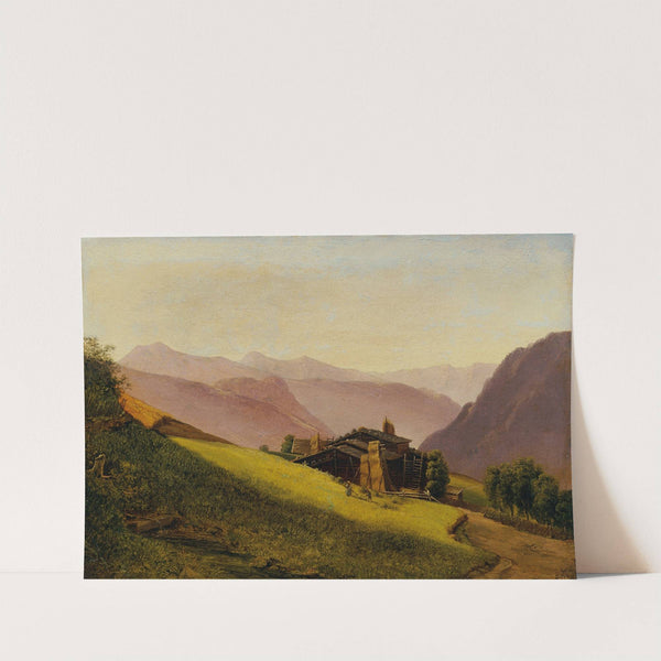 Gebirgslandschaft mit Almhütten und heuenden Bauern by Franz Wipplinger