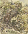 Gebirgslandschaft mit einer Brücke und vielen Figuren, links eine großartige Felspartie