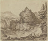 Gebirgslandschaft mit Wald, links am Weg ein sitzender und ein stehender Mann