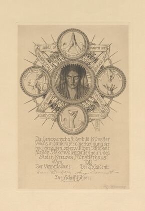 Gedenkblatt der Genossenschaft der bildenden Künstler für das Rekonvaleszentenheim des Roten Kreuzes ‘Künstlerhaus’ (1918) — size preview