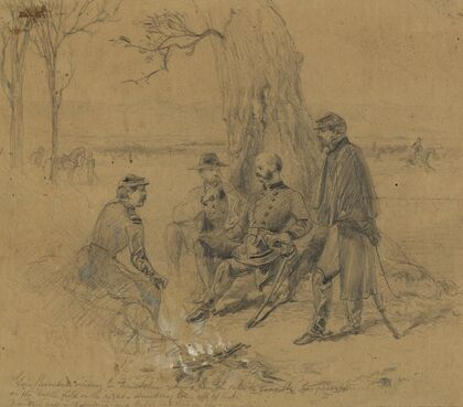 Gen. Burndside visiting Gn. Franklin giving him the order to evacuate his position-on the battlefield on the right, Sunday Eve., all at rest.