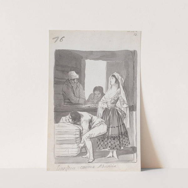 ‘Generosity versus Greed’, a woman and three men conducting a transaction inside a shop (1796–1798) by Francisco de Goya