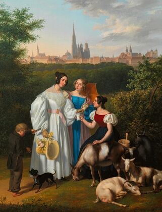 Genreszene auf dem Glacis mit Spaziergängerin, Ziegenhirtin und Lottolosverkäufer mit Wien im Hintergrund (1836)