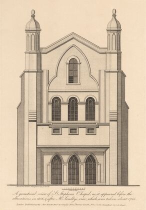 Geometrical View of St. Stephen’s Chapel, as it appeared before the alterations in 1806 and after Mr. Sandby’s view, which was taken about 1755