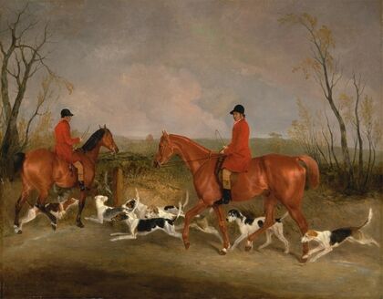 George Mountford, Huntsman to the Quorn, and W. Derry, Whipper-In, at John O’Gaunt’s Gorse, near Melton Mowbray (1836)