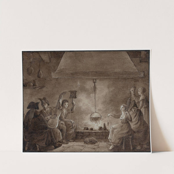 Gezelschap rond het haardvuur, musciserend, spinnend etc by Otto Howen
