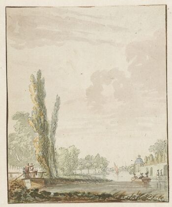 Gezicht langs een rivier met rechts een theekoepelje