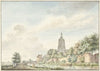 Gezicht op Asperen met de stadsmuren en de kerktoren,
