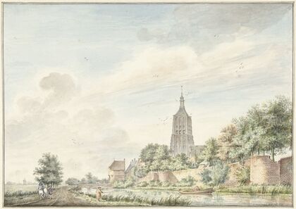 Gezicht op Asperen met de stadsmuren en de kerktoren,