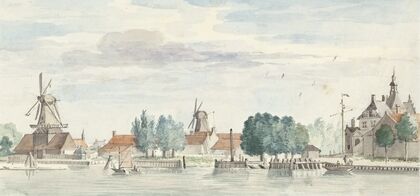 Gezicht op Dordrecht met de Rietdijkspoort en windmolens