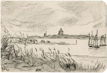 Gezicht op dorp aan een meer
