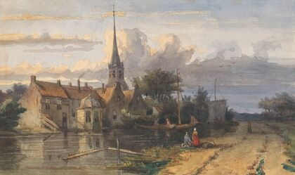 Gezicht op een dorp aan een vaart