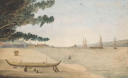 Gezicht op een Nederlandse nederzetting met fort en haven in Indonesië