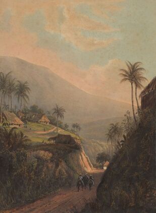 Gezicht op een weg naar de vallei van Salak op Java Weg van buitenzorg naar de vallei van de Salak (1869)