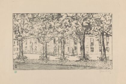 Gezicht op het bordes van Paleis Huis ten Bosch tussen een rij bomen Huis ten Bosch I (1929)