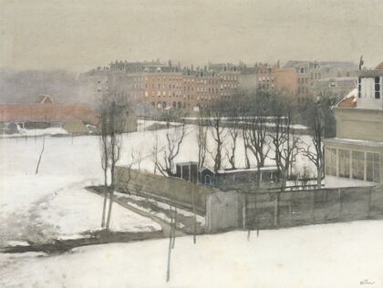 Gezicht op het Oosterpark in de sneeuw