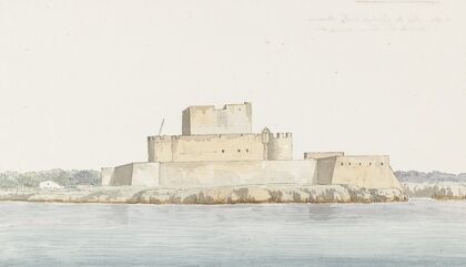Gezicht op kasteel van San Mauro la Bruca vanaf zee bij aankomst (1778)