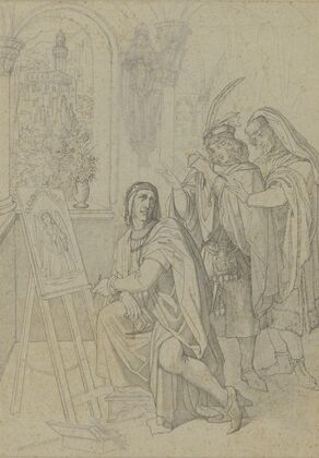 Giotto, von zwei vornehmen Florentinern beim Malen bewundert