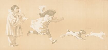 Girl chasing a dog who is chasing a rabbit while a clown looks on (1905)