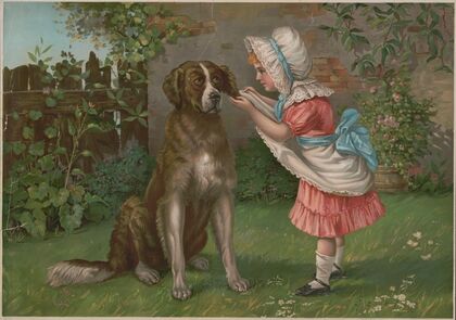 Girl in pink dress and white bonnet with dog (1892)