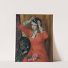 Girl in Red Dress Pinning on Hat by William James Glackens