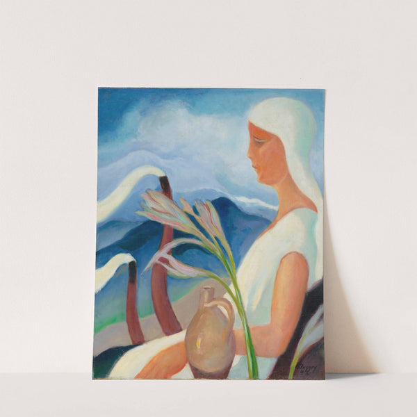 Girl in White with Factory Chimneys and Flowers by Zolo Palugyay