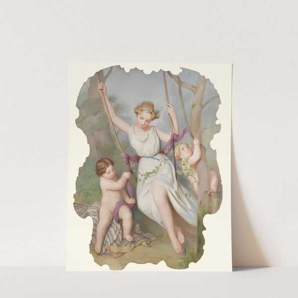 Girl On A Swing With Two Children by Continental School
