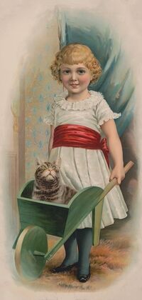 Girl pushing cat in green wheelbarrow (1896)