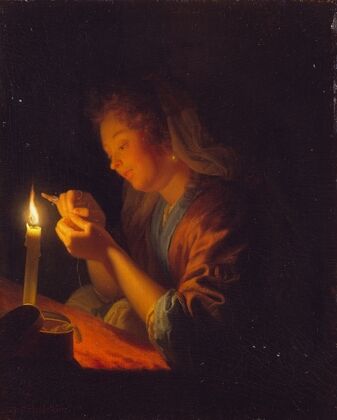 Girl threading a Needle by Candlelight
