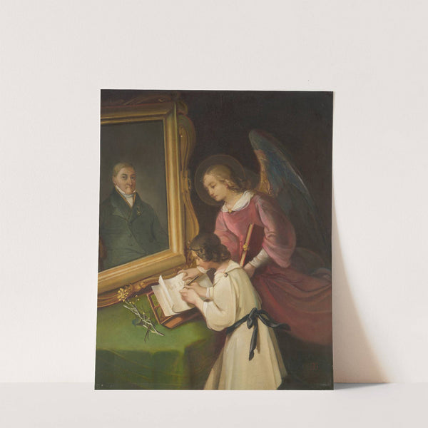 Girl with a Guardian angel, Writing in front of a Painting (Portrait of the Founder Ph. Merian) (1826 - 1827) by Dionys Ganter