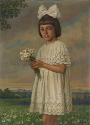 Girl with Bouquet of Daisies set against a Landscape (1920)