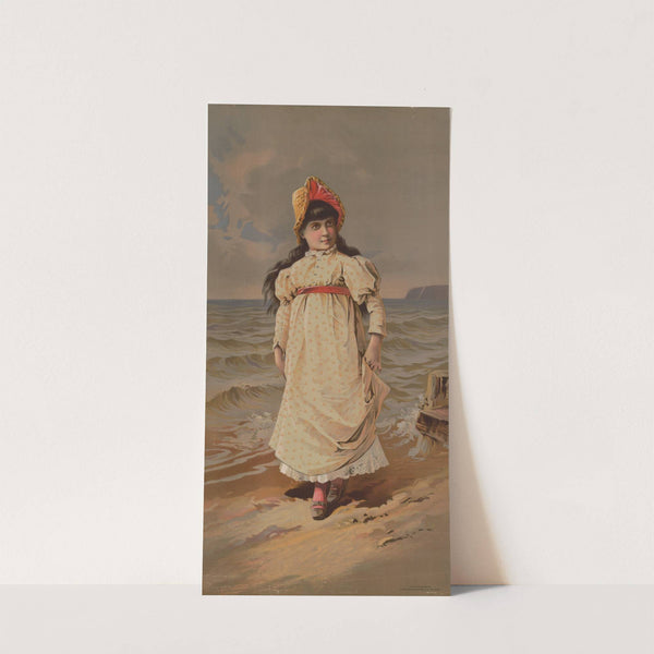 Girl with dark brown hair standing on the beach (1888) by Henderson-Achert Litho. Co.